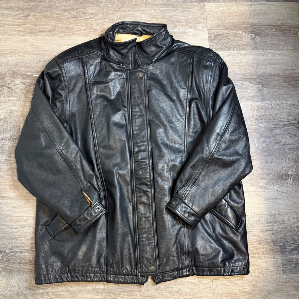 Boundary Waters Mens Genuine Leather Jacket Black Zip Up Mock Neck Vintage M